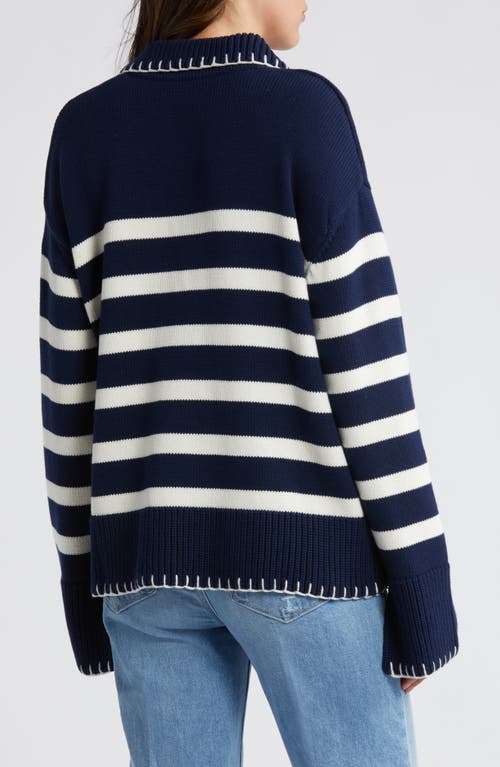 Shop Rails Athena Stripe Cotton Johnny Collar Polo Sweater In Navy Ivory Stripe