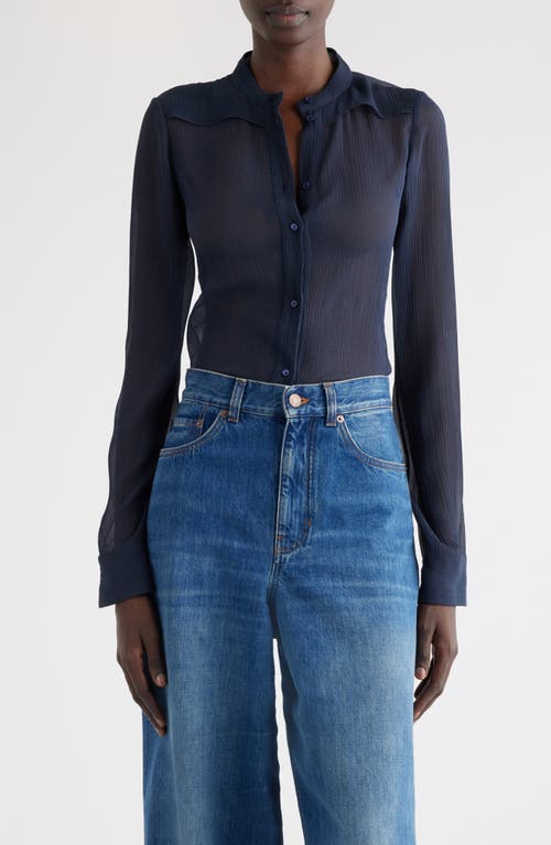 Shop Chloé Sheer Crinkle Silk Button-up Shirt In Graphite Blue