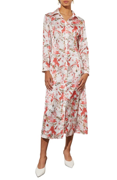 Ming Wang Watercolor Floral Long Sleeve Crêpe De Chine Shirtdress In Sunkissed Coral/multi