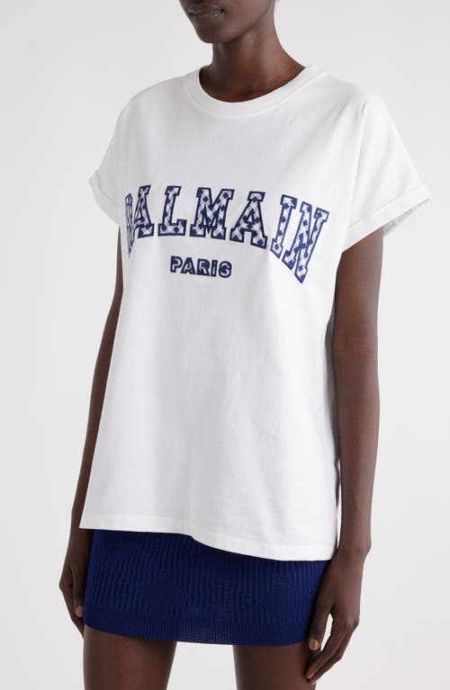 Shop Balmain Vichy Logo Cotton T-shirt In Gvw White/blue