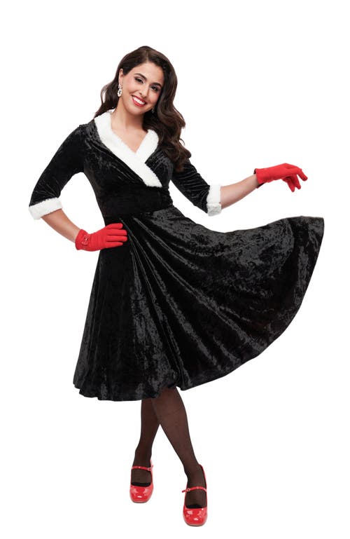 Shop Unique Vintage Half Sleeve Surplice Delores Swing Dress In Black Velvet