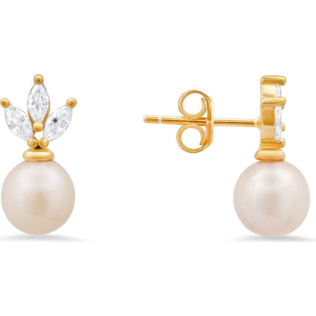 Queen Jewels Dangling Freshwater Pearl & Cubic Zirconia Stud Earrings In Gold
