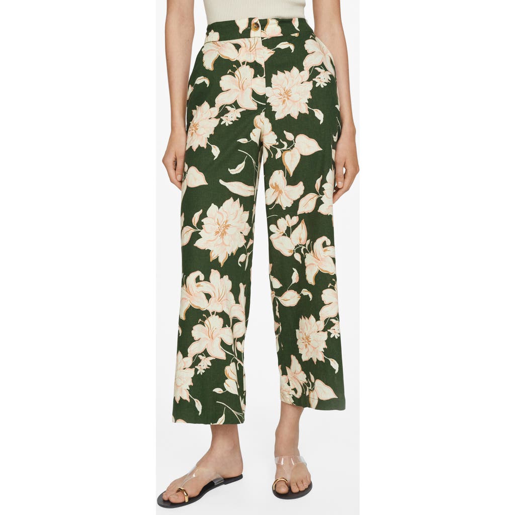 Mango Floral Crop Linen Blend Trousers In Green