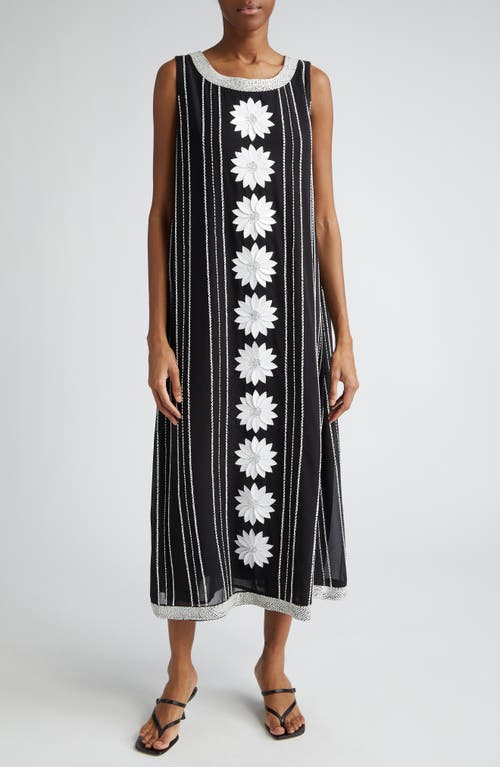 La Vie Style House Daisy Bead Stripe Embellished Midi Dress In Black White