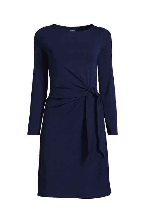 Shop Lands' End Plus Size Boatneck Long Sleeve Tie Waist Dress In Deep Sea Navy