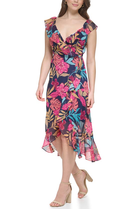 Shop Kensie Tropical Floral Chiffon Faux Wrap Dress In Navy Multi