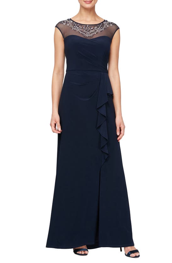 Alex Evenings Embellished Neck Cap Sleeve Jersey Gown In Navy