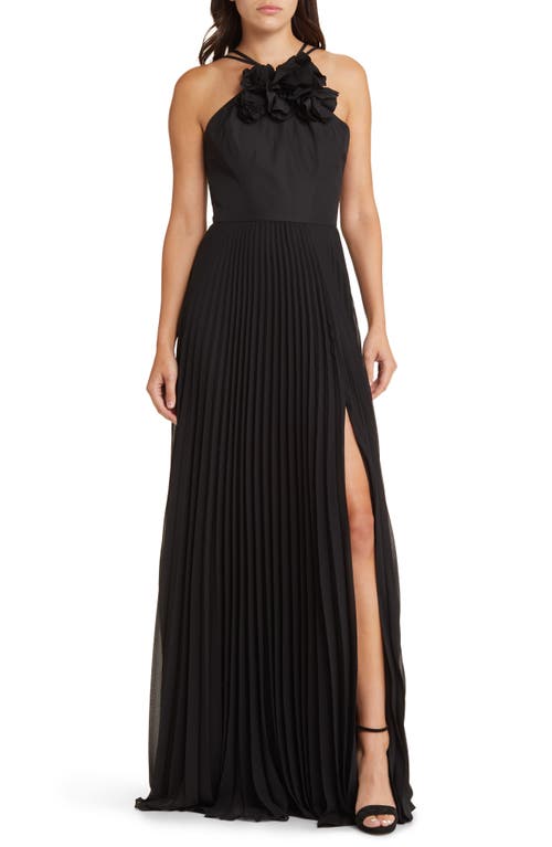 Marchesa Notte Flower Detail Pleated Gown Black at Nordstrom,
