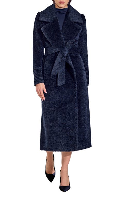 Wool & Alpaca Blend Bouclé Wrap Coat in Midnight Blue