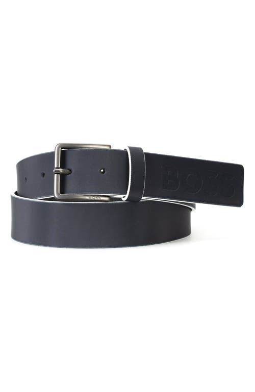 Logo Embossed Leather Belt in Dark Blue