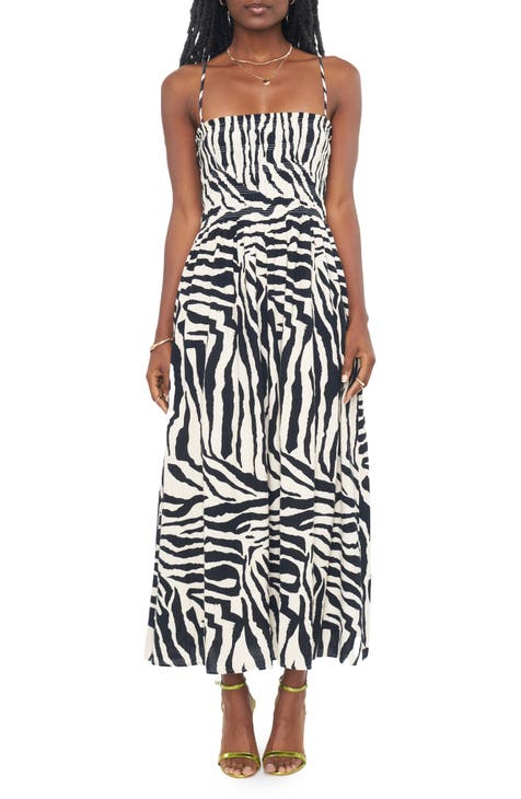 Bianca Shirred Zebra Print Cotton Midi Dress