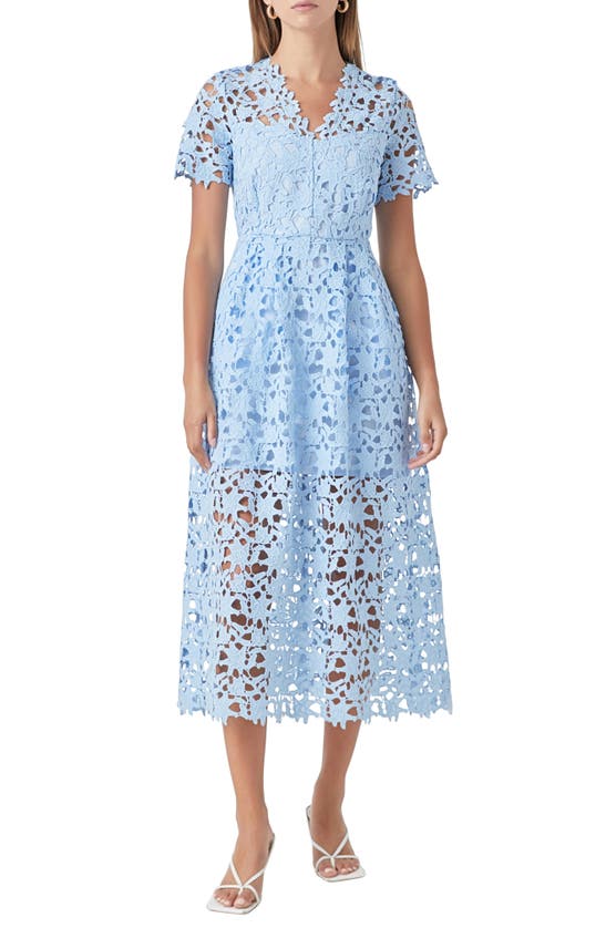 Endless Rose Allover Lace Midi Dress In Powder Blue