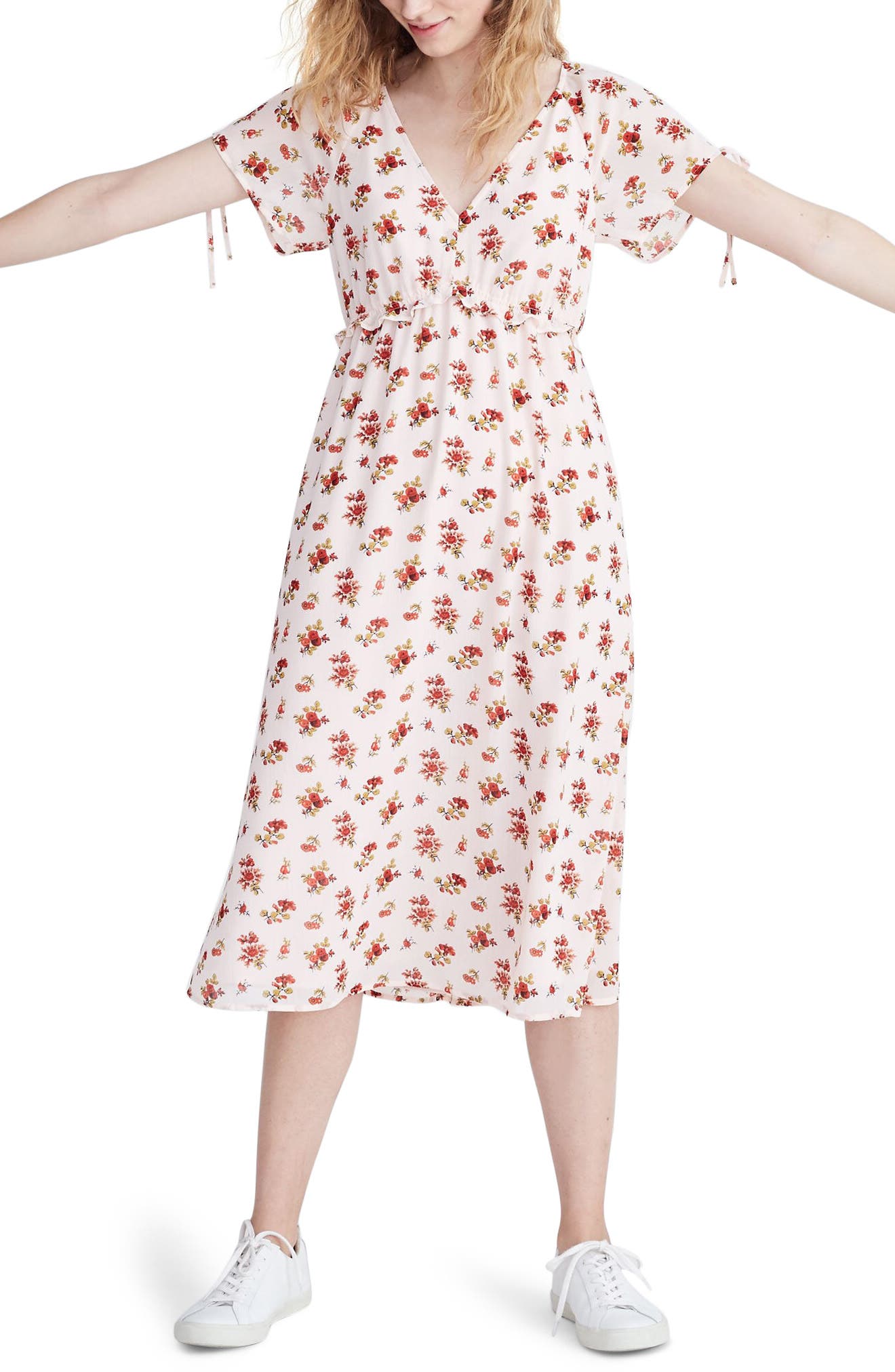 Madewell Ruffle Waist Tie Sleeve Midi Dress, Pink