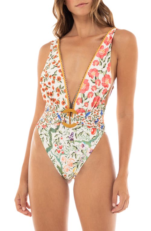 Ina Seed Belted One-Piece Swimsuit in White/Multicolor