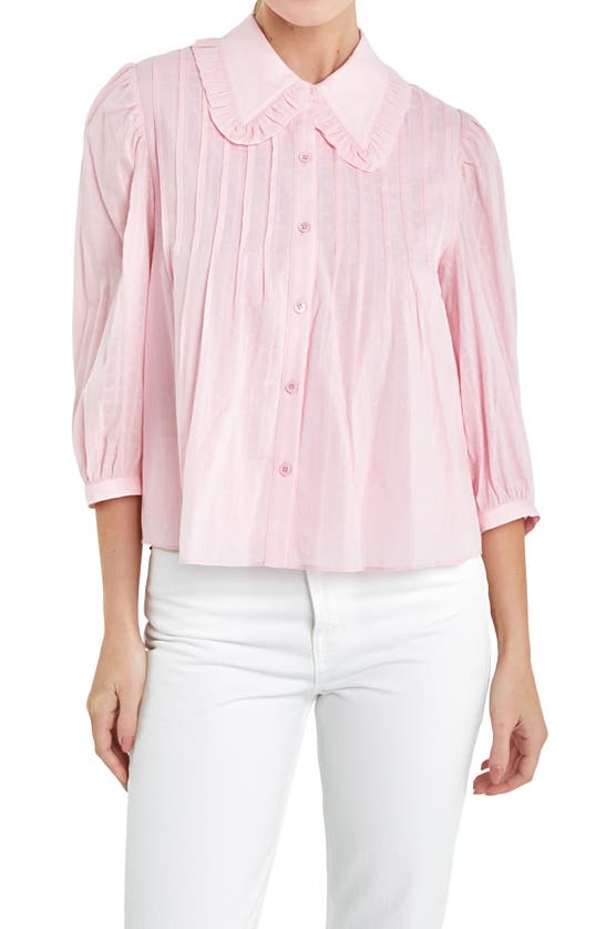 English Factory Ruffle Collar Cotton Blend Button-up Shirt In Pink
