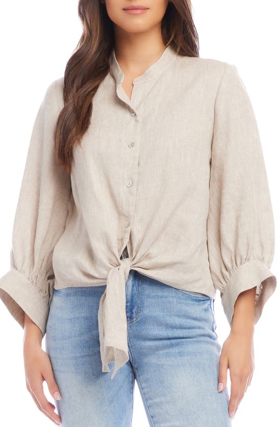 Shop Karen Kane Tie Front Linen Button-up Shirt In Oatmeal