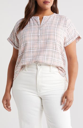 CASLON CASLON® SHORT SLEEVE LINEN BLEND POPOVER TOP