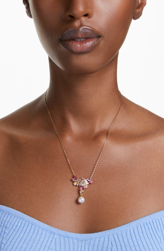 Shop Swarovski Gema Crystal Flower & Imitation Pearl Pendant Necklace In Pink