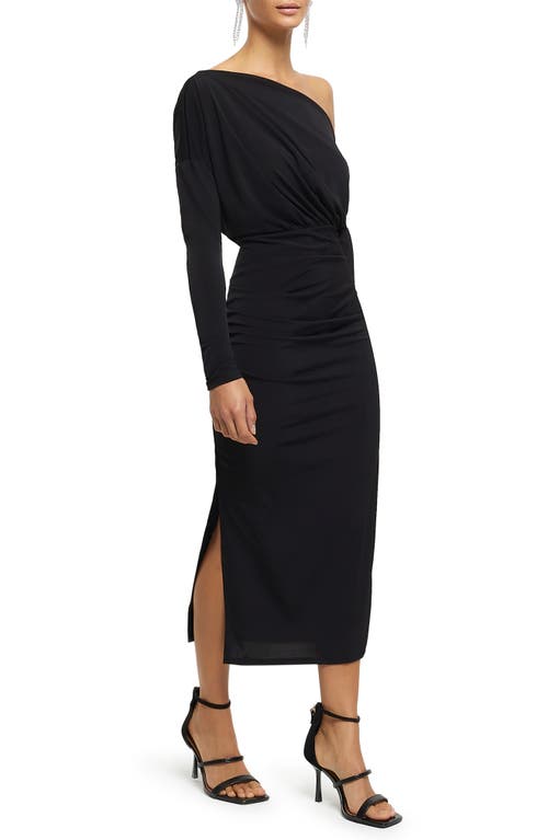 Drape One-Shoulder Midi Dress in Black