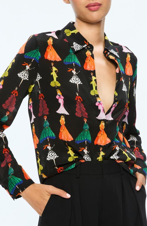 Shop Alice And Olivia Alice + Olivia Willa Staceface Print Silk Button-up Shirt In Romantic Stace Black