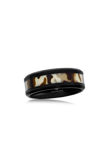 Blackjack Camouflage Black Stainless Steel Band Ring In Black/brown