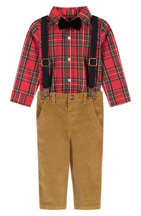 Holiday Plaid Flannel Bodysuit, Suspender Pants & Bow Tie Set (Baby)