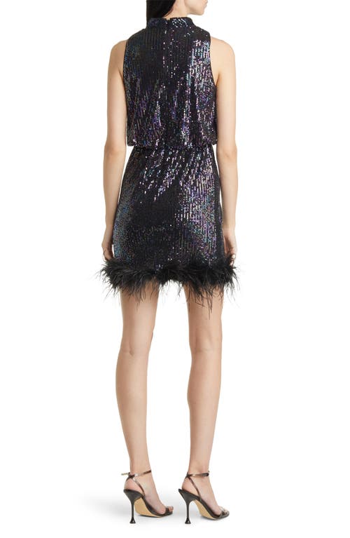 Eliza J Feather Trim Sequin Blouson Minidress In Black Multi
