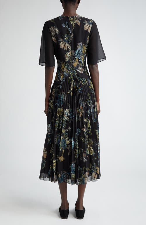 Shop Jason Wu Collection Floral Forest Pleated Drop Waist Midi Dress In Black/multi