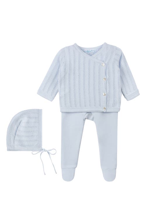 Shop Feltman Brothers Pointelle Knit Cotton Bonnet, Wrap Sweater & Footed Leggings Set In Blue