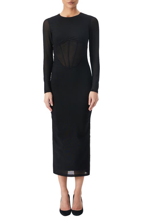 Bardot Sensei Corset Long Sleeve Mesh Cocktail Midi Dress in Black at Nordstrom, Size X-Small