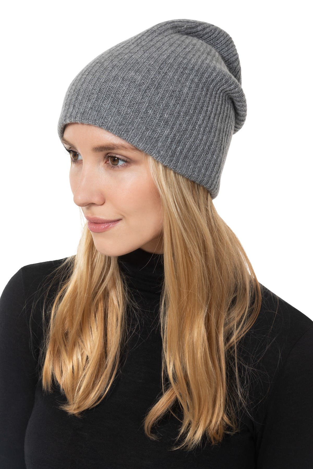 Amicale Cashmere Double Layer Rib Knit Hat In Grey