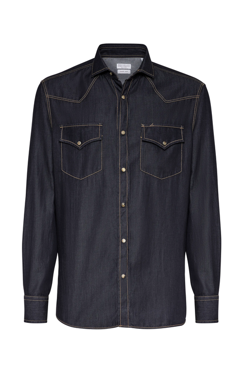 Shop Brunello Cucinelli Lightweight Denim Shirt In Dark Denim