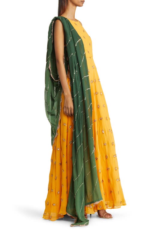 Shop Sani Nila Anarkali With Dupatta In Marigold/green Dupatta