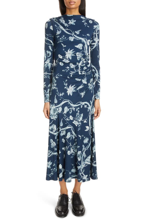 Floral-print Long-sleeve Drawstring Ruched Midi Dress In Ophelia Vine Indigo