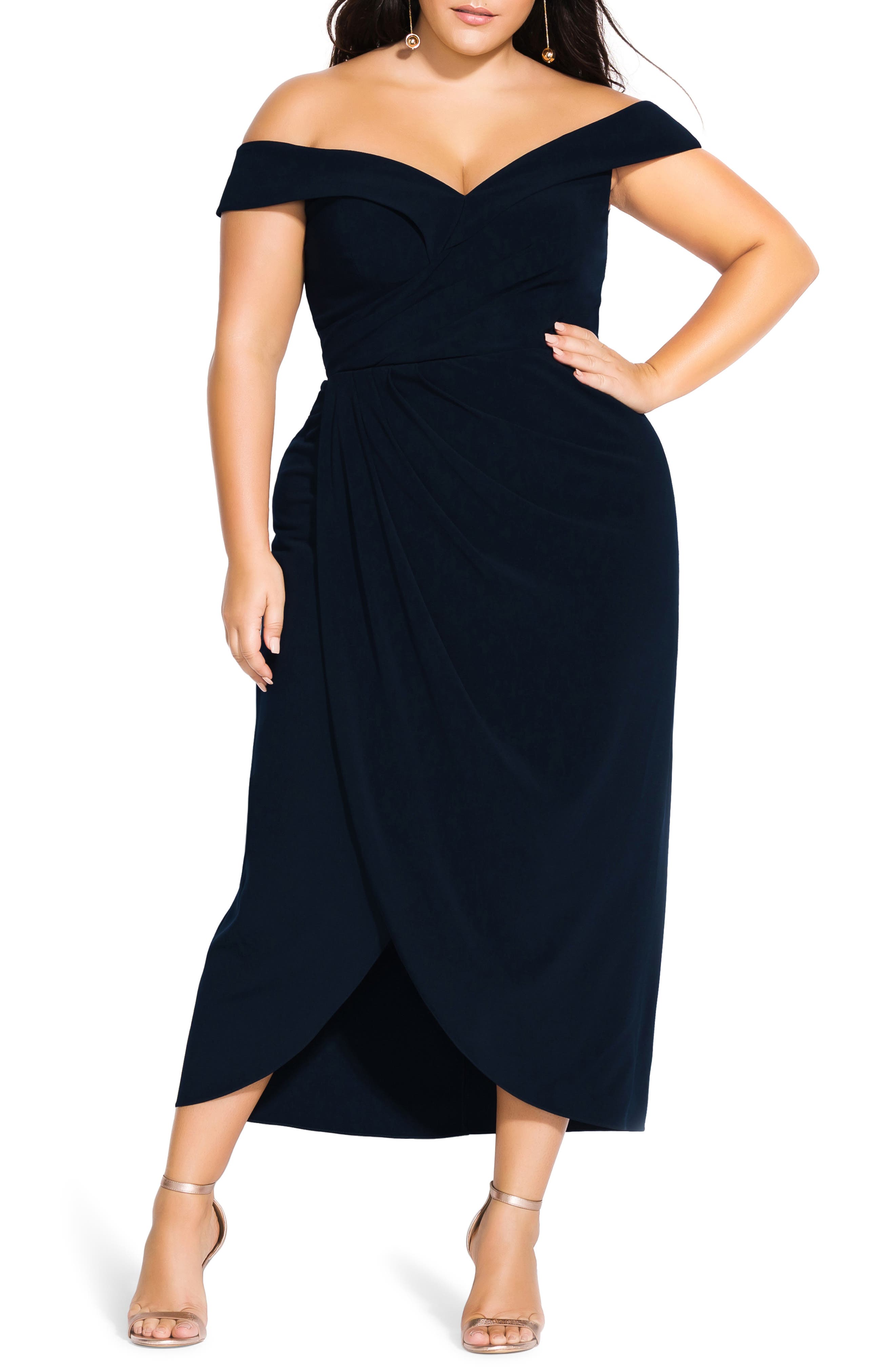 Plus Size City Chic Rippled Love Off The Shoulder Sheath Dress, Blue