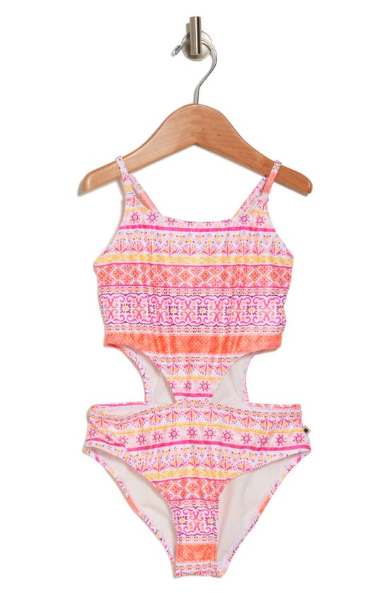 Lucky Brand Kids' Tile Print Cutout One-piece Swimsuit In Bright Melon