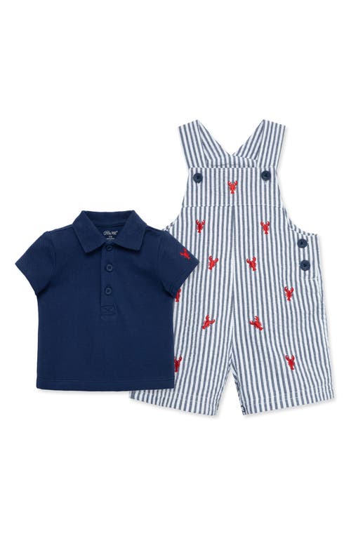Little Me Cotton Polo & Lobster Embroidered Shortalls Set Blue at Nordstrom,
