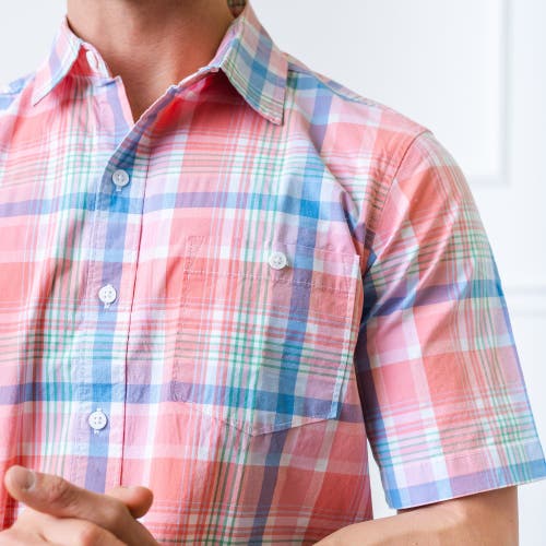 Hope & Henry Mens' Stretch Poplin Short Sleeve Button Down Shirt In Bright Spring Plaid Poplin