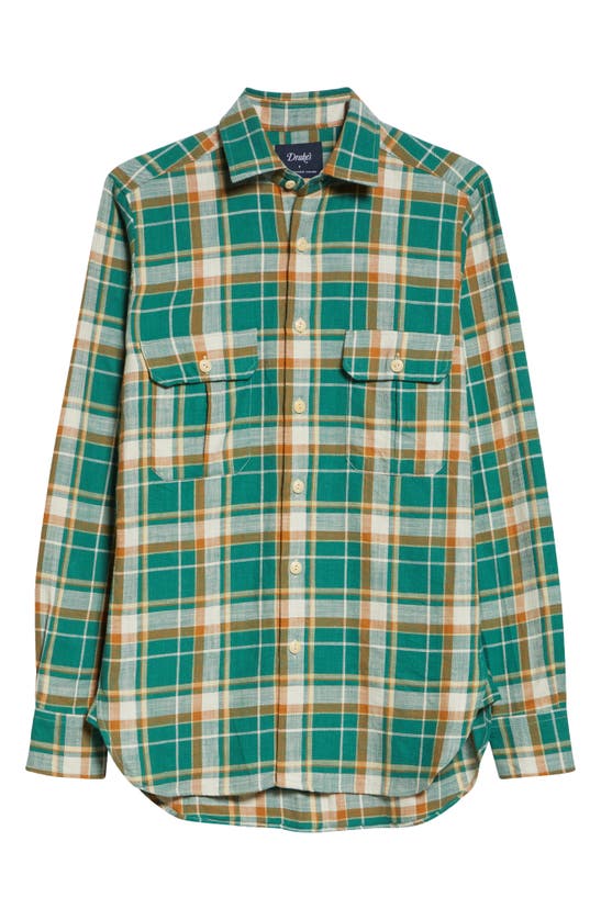 Shop Drake's Check Slub Cotton Work Shirt In Green And Yellow