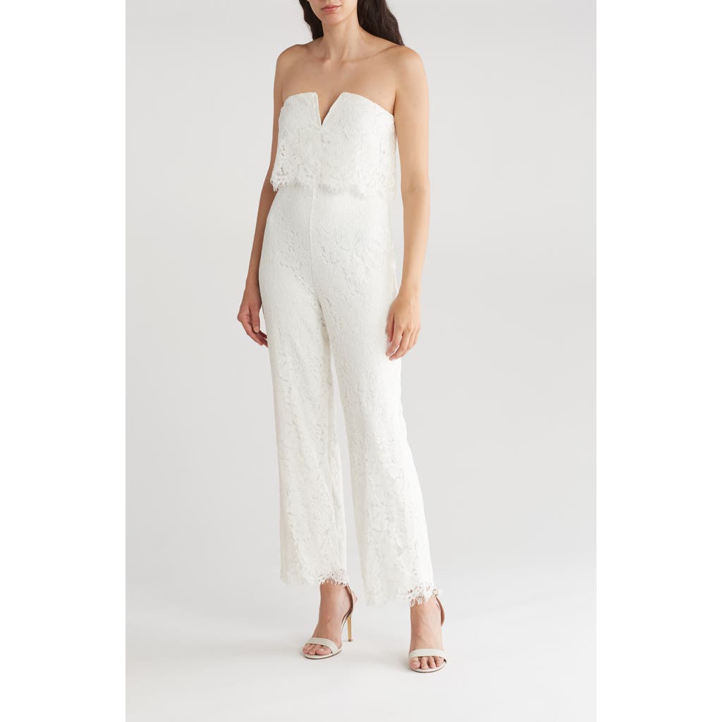 Shop Lulus Power Of Love Strapless Lace Jumpsuit In White/white