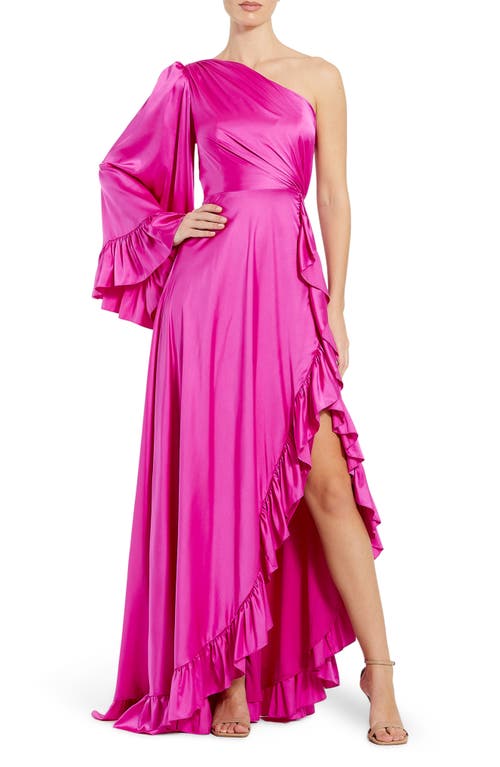 One-Shoulder Satin A-Line Gown in Magenta