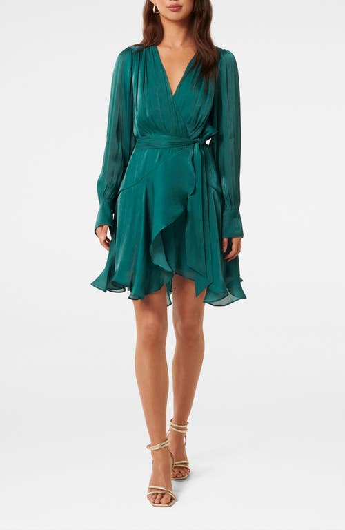 Shop Ever New Myra Metallic Long Sleeve Chiffon Faux Wrap Dress In Mysterious Green