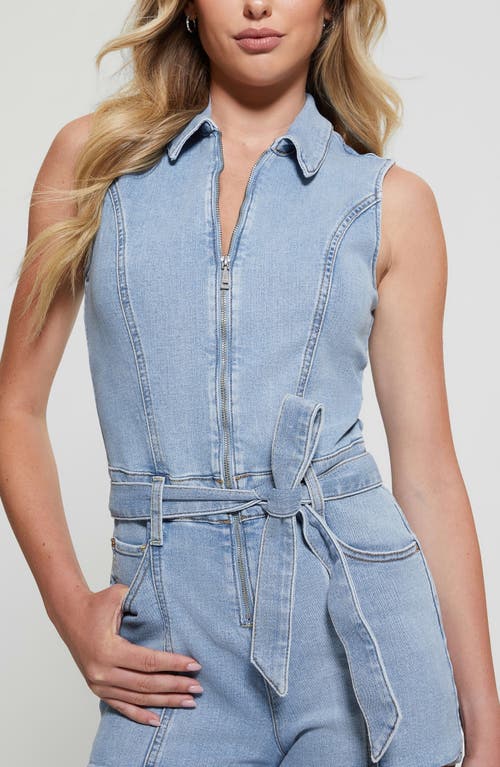 Shop Guess Kimora Belted Denim Romper In Donna Blue