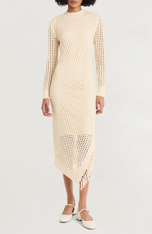 LUXELY LUXELY OPEN STITCH FRINGE LONG SLEEVE ASYMMETRIC SWEATER DRESS