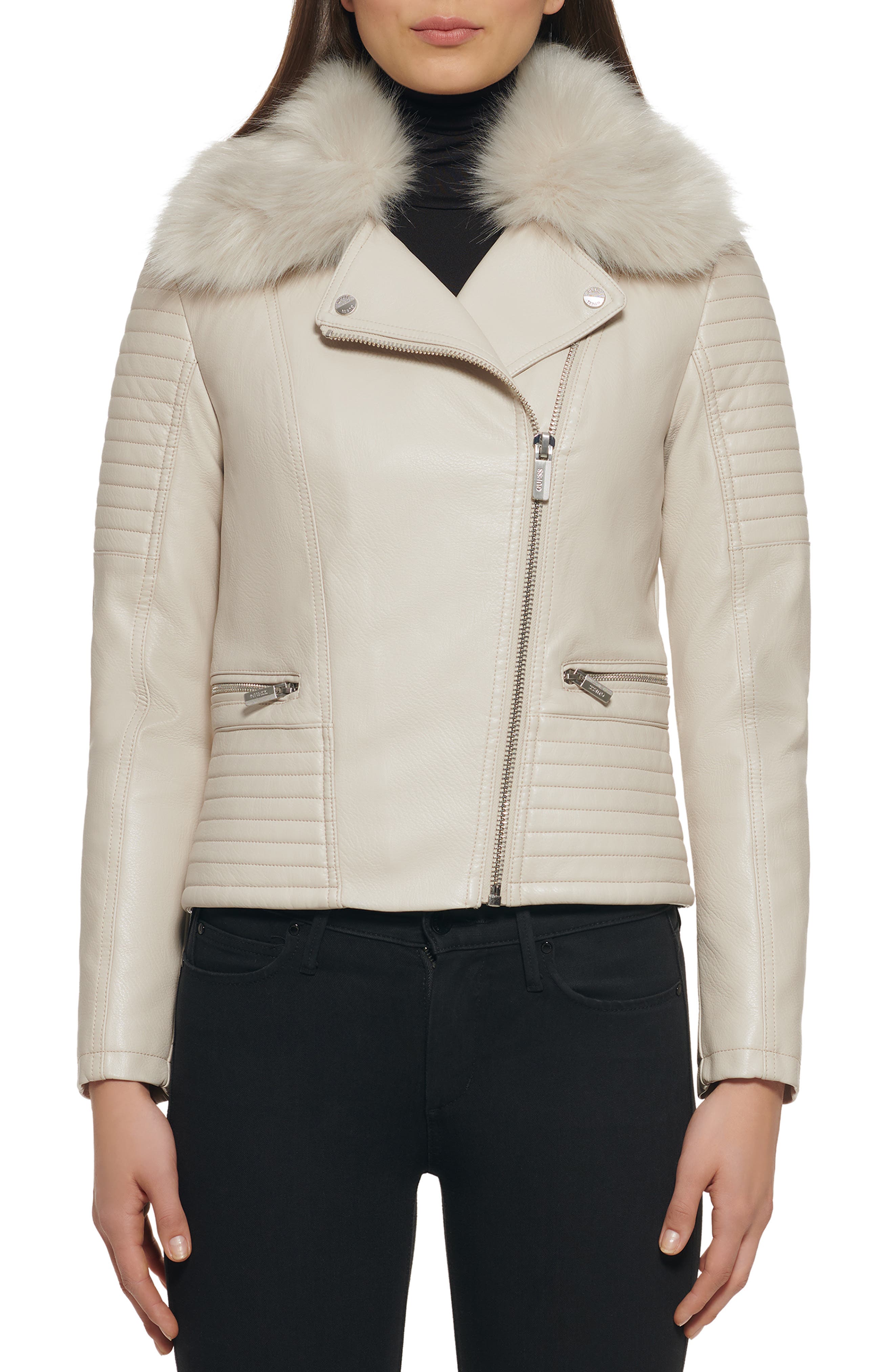 guess leather jacket with fur