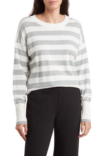 Bobeau Stripe Crewneck Pullover Sweater In Gray