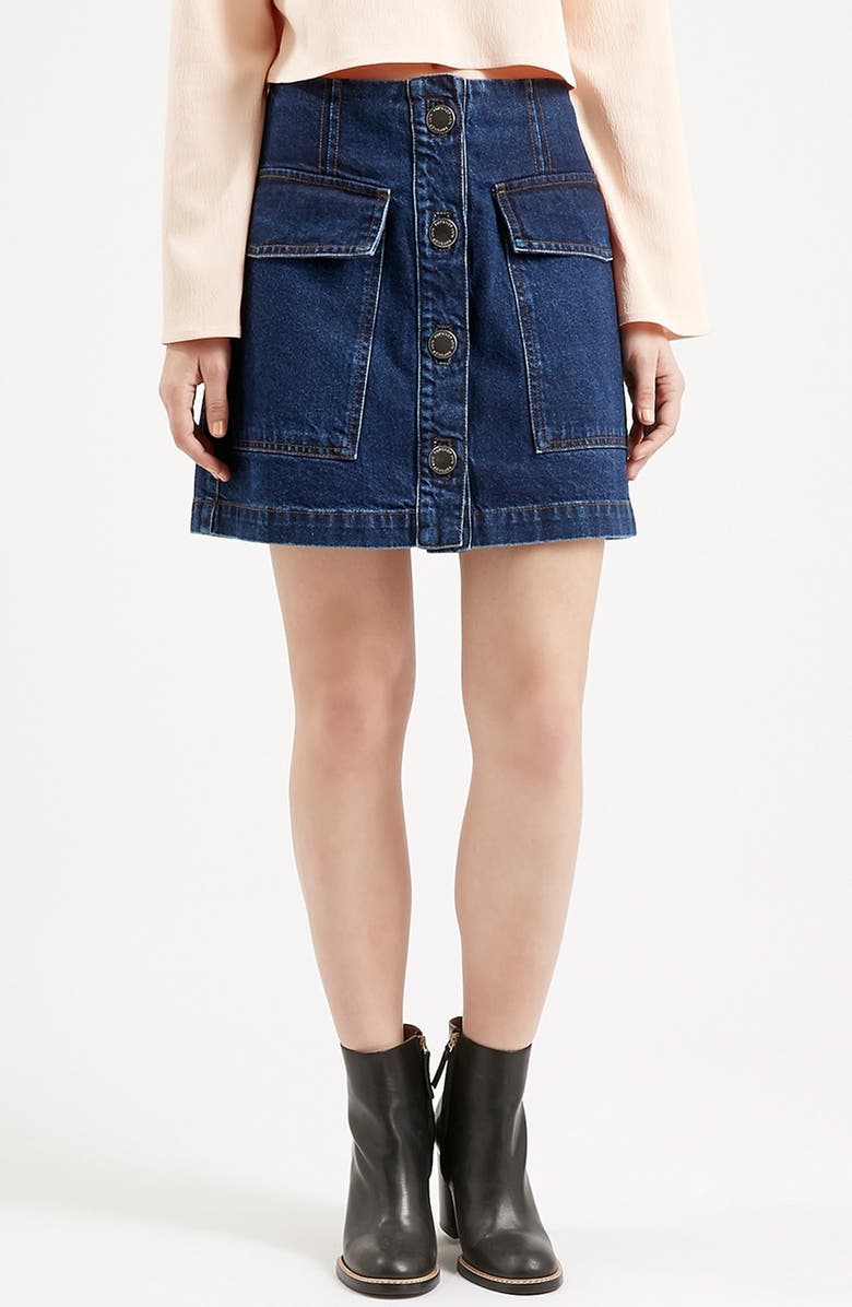 TOPSHOP Button Front Denim Skirt, Main, color, INDIGO