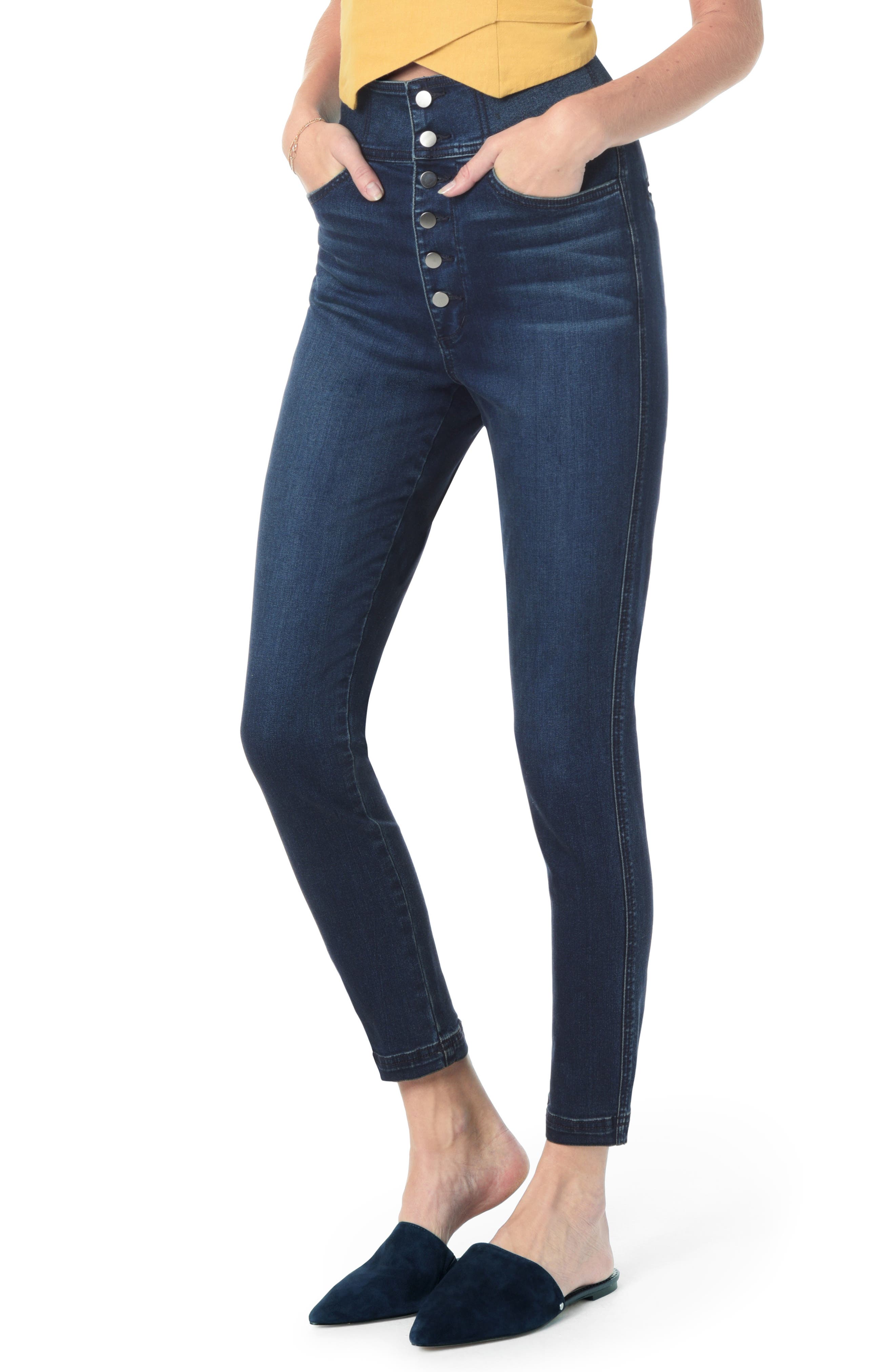 high rise button jeans