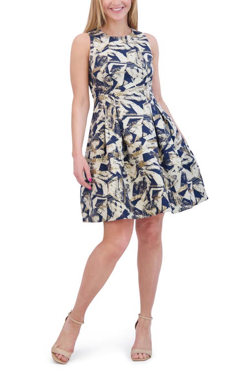 Vince Camuto Metallic Abstract Print Jacquard Fit & Flare Dress In Navy