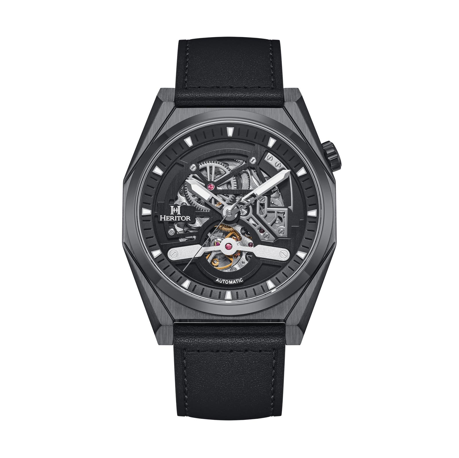 Heritor Automatic Amadeus Semi-Skeleton Leather-Band Watch in Black/black Cover